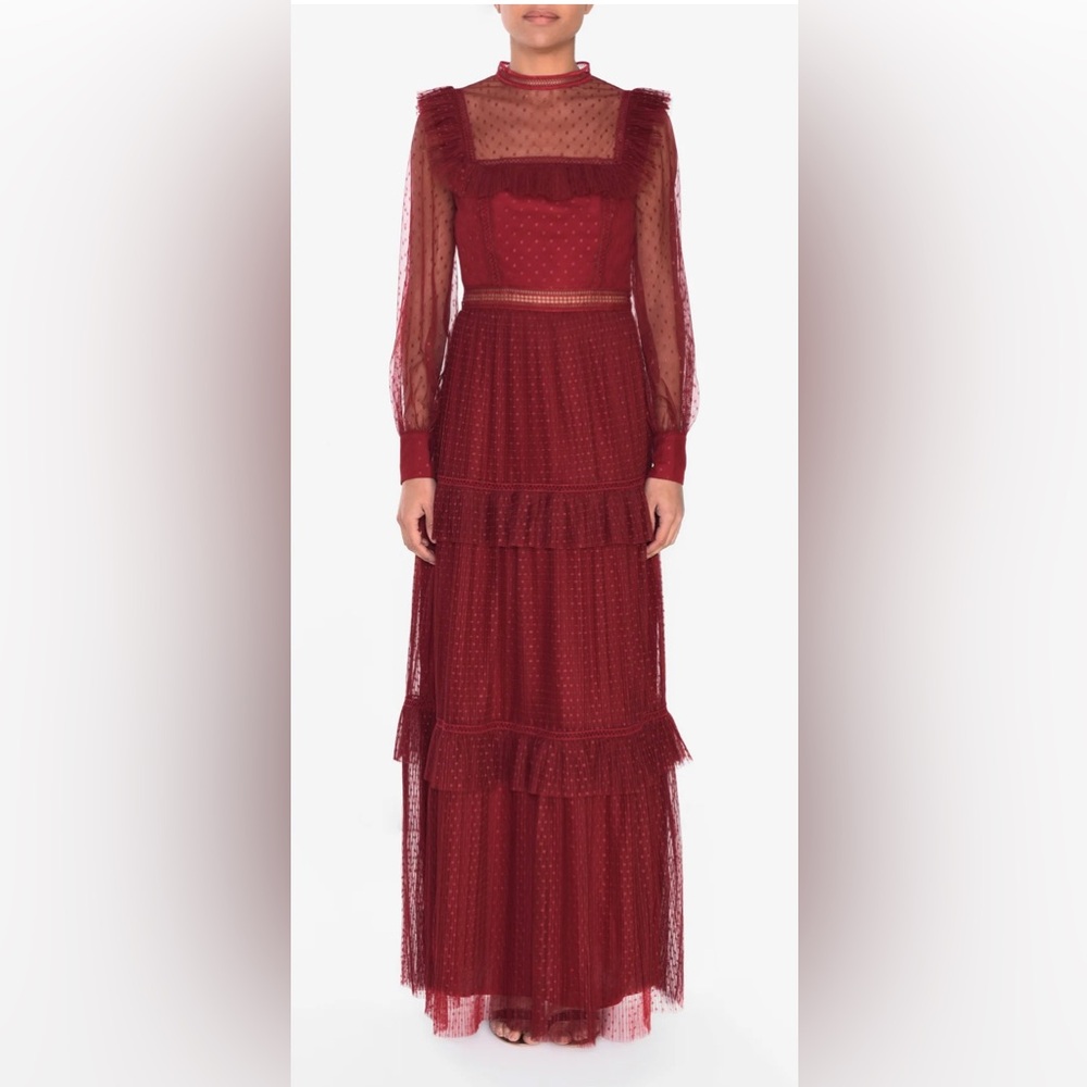 TRUE DECADENCE burgundy polka dot mesh long dress